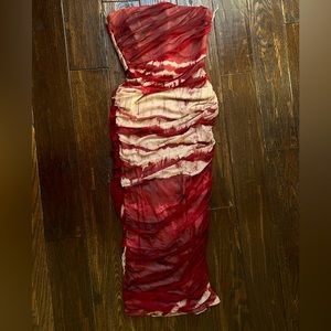 burgundy red cream two tone dress. corset top with ruching